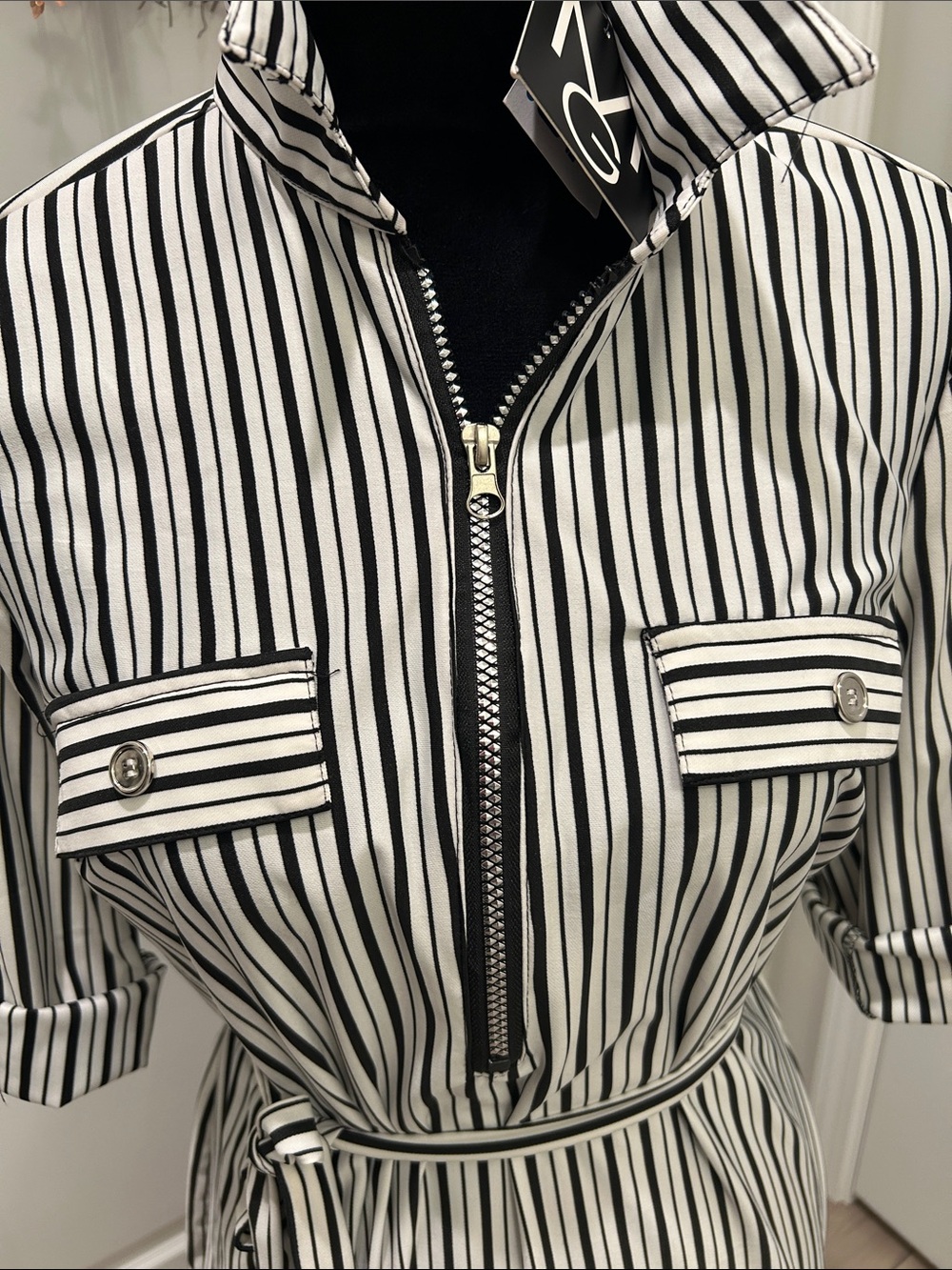 NWT Mlle Gabrielle Black & White Vertical Stripe Midi Shirt Dress Size Small